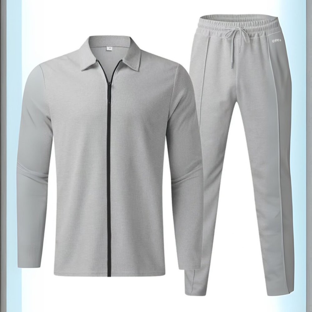 Men's Light Gray Zip Up Top & Pants Outfit Set